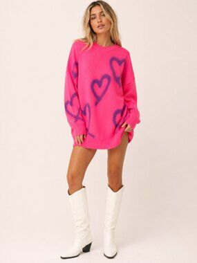 Storets Neon Pink Spray Paint Heart Sweater Dress Oversized Knit Crewneck S / M